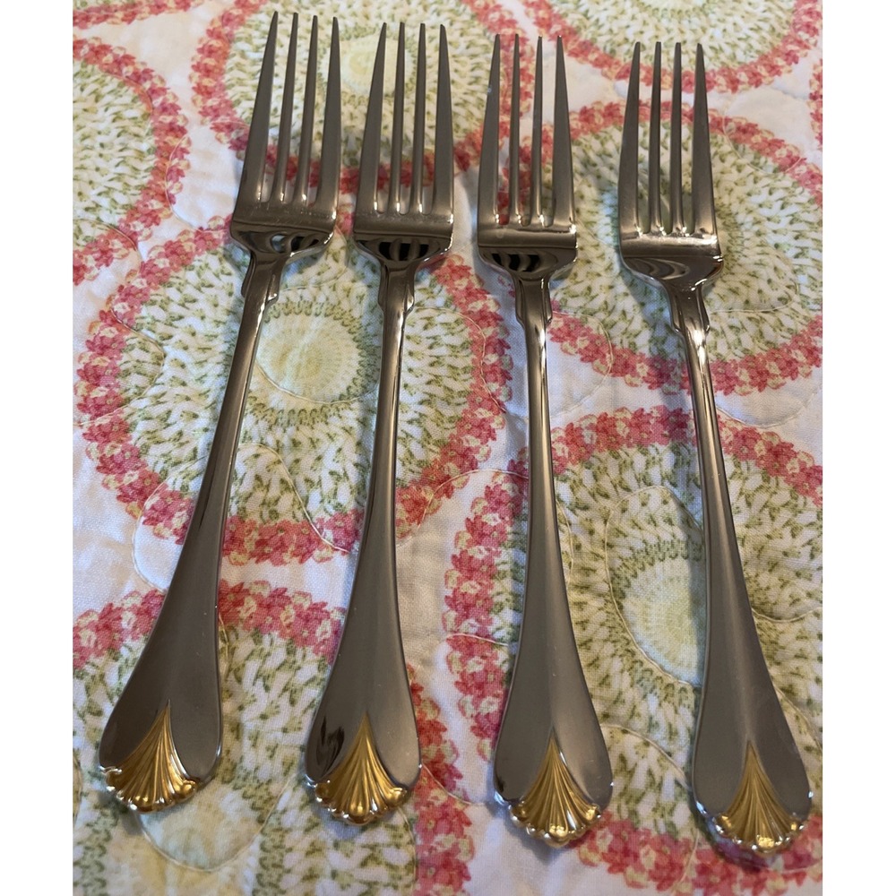 Yamazaki Cara Salad Forks Gold‎ Accent Glossy Stainless Japan Flatware Set Of 4